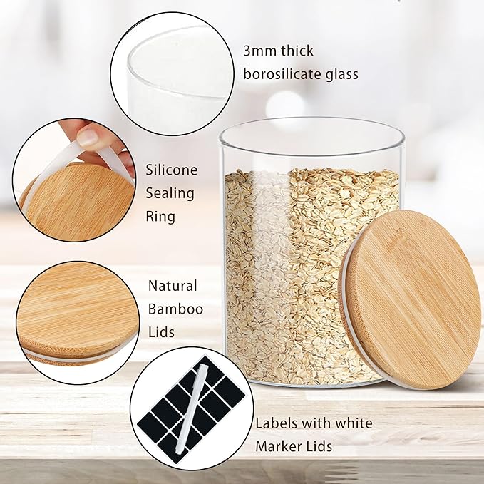 Glass Storage Jars Set Elegant Containers with Airtight Bamboo Lids, Perfect for Kitchen Organization - Flour, Rice, Pasta, Sugar, Coffee Beans, Accessories Included (2 packs(111oz)) - Image 3