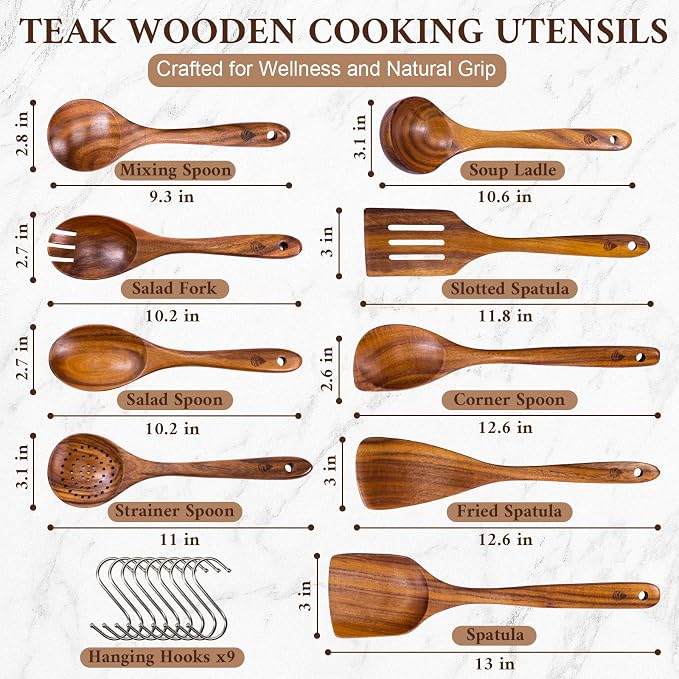 9 Pcs Teak Wooden Utensils Set, Wooden Cooking Utensil | Non-Toxic & Nonstick Safe Kitchen Utensil, Durable Comfort Grip， Heat Resistant Wood Cookware with Hooks - Image 3