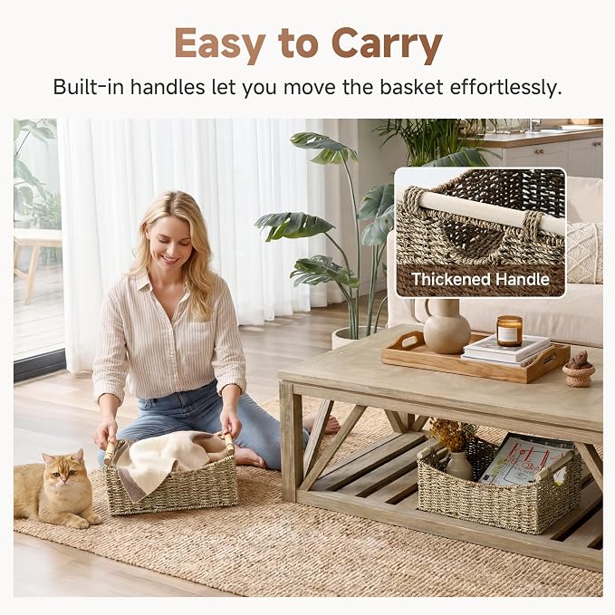 StorageWorks Large Wicker Baskets with Handles, Seagrass Basket, 1-Pack | Handwoven Wicker Baskets for Organizing,Seagrass Storage Basket,Woven Baskets for Storage,Wicker Basket Large,15" x 11" x 6¾" - Image 5