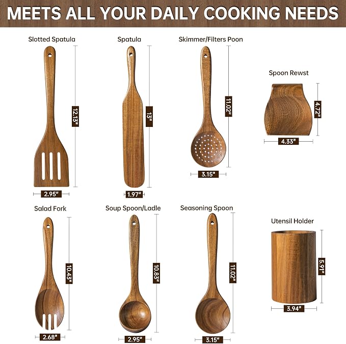 8 PCS Natural Acacia Wooden Utensil Set Wooden Spoons for Cooking | Non-Toxic Acacia Wood, Nonstick Safe, Sturdy Easy to Clean, Includes Holder & Spoon Rest, Great Kitchen Gift - Image 5