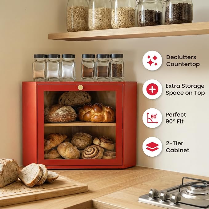 2 Tier Corner Bread Box for Kitchen Countertop, Red | Space-saving, food-safe bamboo corner countertop cabinet featuring a modern brass knob & controlled airflow. - Image 2