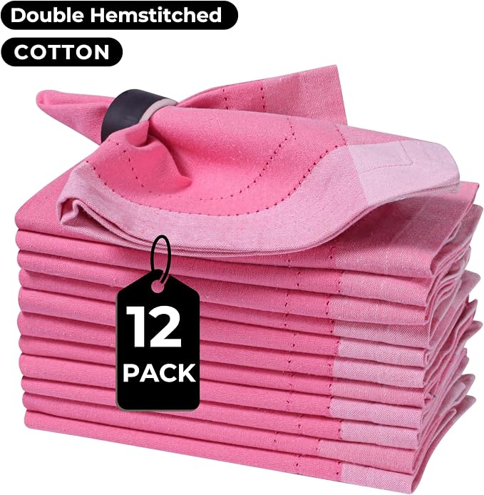 Bedding Craft Cotton Cloth Dinner Napkins Set of 12 – 20x20 Pink Multi Double Hemstitched – Machine Washable Fabric Napkins for Weddings, Parties & Dining Tables - Image 2