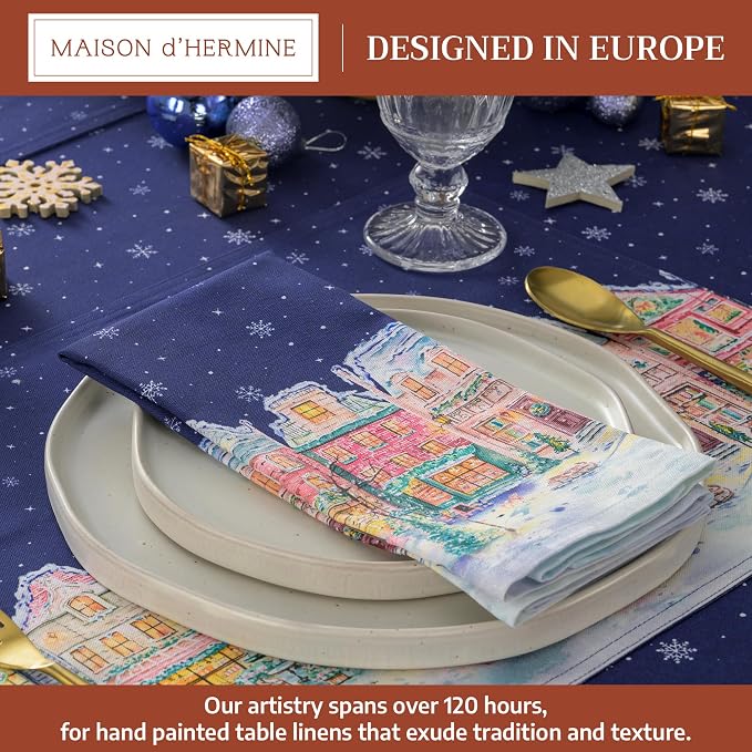 Maison d' Hermine Cloth Napkins Set of 4 Reusable 100% Cotton (20" x 20") | Everyday Square Napkins Cloth Washable Dinner Wedding Restaurant Kitchen Thanksgiving Christmas - Christmas Market - Blue - Image 2