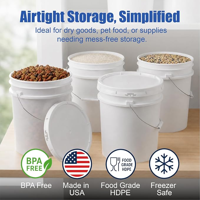 5 Gallon Bucket - Food Grade w/Lid BPA-Free,6 Pack -Natural | Airtight Gasketed Tear Strip Lid, Heavy-Duty 90 Mil HDPE Plastic Pail, Bulk Storage, Food Safe Durable Container, Made in USA - Image 2