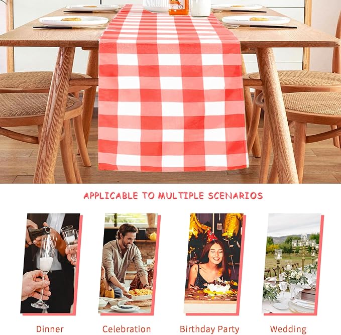 Cupuamon Fabric Checkered Table Runner 12 Pack Waterproof Gingham Table Runner 14W x 108L Buffalo Check Table Runners for Parties Kitchen Dining Wedding Banquet (Red and White) - Image 3