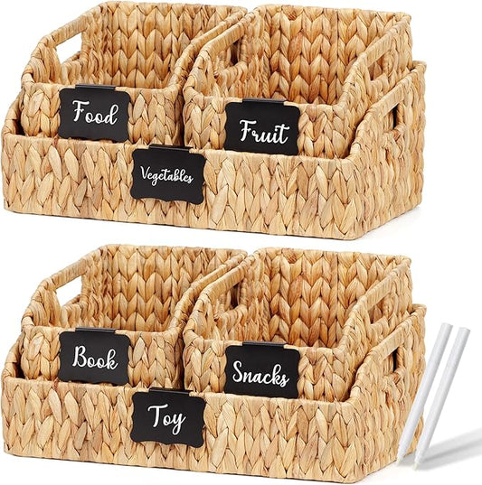 Wicker Baskets for Organizing, Pantry Baskets with Built-in Handles, Handwoven Labeled Wicker Storage Basket, Water Hyacinth Storage Bins for Shelves, 3 Pack, Natural - 2 Set by Unknown
