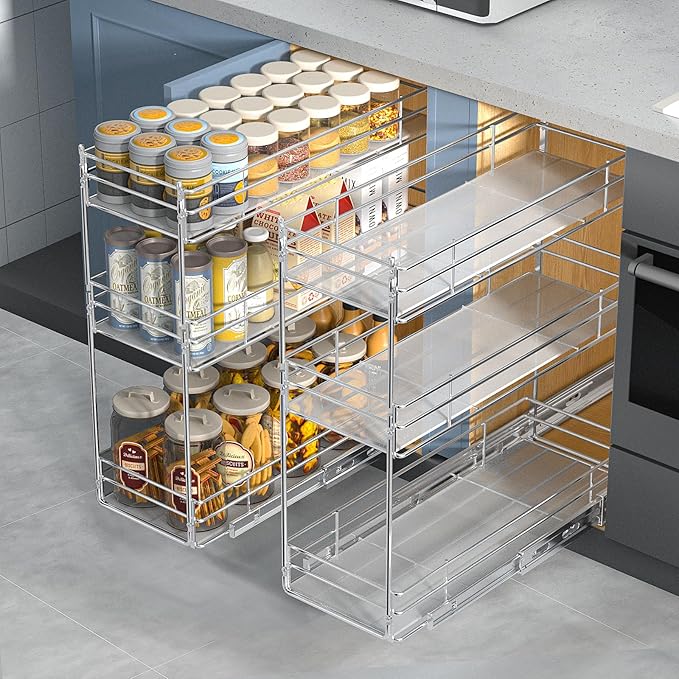 ROOMTEC Pull Out Spice Rack for Narrow Cabinet (6" W X 20½" D),3 Tier Heavy Duty Sliding Spice Cabinet Organization Shelf Racks, Pull Out Shelves Under Cabinet Storage for Kitchen - Image 5