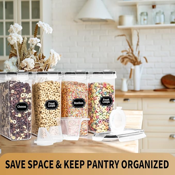 PRAKI Cereal Containers Storage Set (4L,135.2 Oz), 4PCS Airtight Food Storage Containers with Pour Spout for Kitchen & Pantry Organization Cereal Dispensers with 20 labels, Measuring Cup & Marker - Image 6