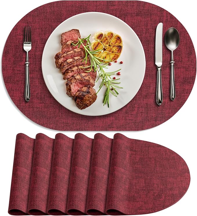 Placemats for Dining Table Set of 6 Non-Slip, Heat Resistant Oval Leather Placemat Double Layer, Waterproof Table Mats Easy to Clean for Kitchen Dining Room Coffee Office Table, Wine Red by Delicateandelegantplacemats