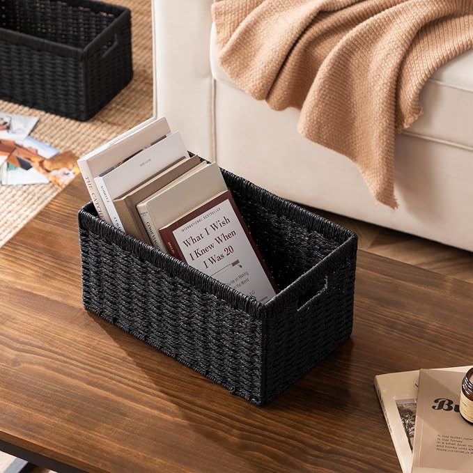 UBBCARE 3 Pack Wicker Basket, 13.4L×8.3H×7.1W inch Woven Paper Rope Storage Baskets for Shelves, Foldable Rectangular Storage Baskets with Handle, Storage Basket for Organizing, Black - Image 5