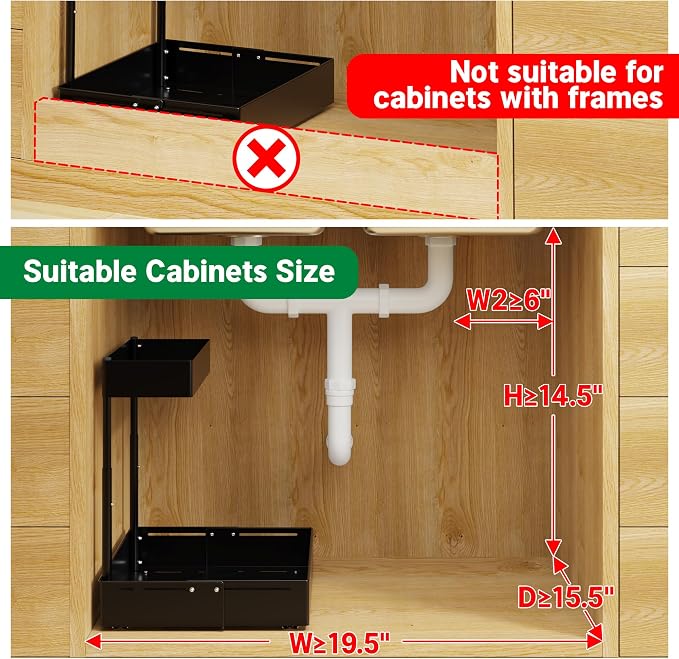 Pull Out Under Sink Organizer 2 Pack, 2 Tier Expandable Under Cabinet Storage with Height Adjustable Design for Kitchen Bathroom Laundry Room - Image 5