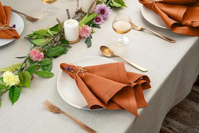 Signature Linen™ by D'Moksha Rust Dinner Napkins Set of 8, 20 x 20 Inch Cloth Napkins, 100% Pure Linen, Hemstitch, Machine Washable Table Napkins- Summer, Weddings, Outdoor hostings - Image 4