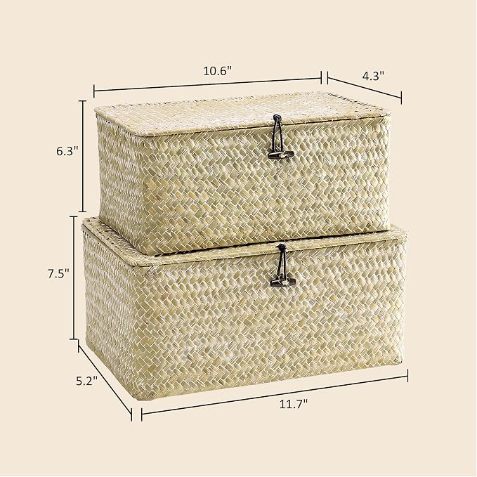 Nonam Storage Basket with Lid, Natural Seagrass Bin with Lid Set of 2, Shelf Baskets Multipurpose Container for Boho Decoration, Rectangular Household Storage Boxes for Home Organization-White - Image 2
