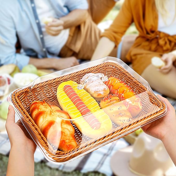 Mumufy 2 Pack Wicker Large Bread Basket with Acrylic Lid Housewarming Gift Woven Rectangular Imitation Rattan Fruit Basket with Cover for Serving Food Display Tabletop Home Kitchen(13.78x9.84'') - Image 5