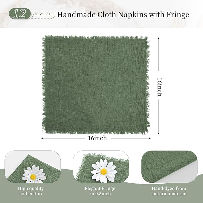 12 Pack Olive Green Cloth Napkins Cotton Linen Napkins 16 x 16 Inch Green Napkin Cloth Handmade with Fringe Soft Napkin Cloths Washable Rustic Dinner Napkin Cloths for Wedding Party Dinner Table - Image 2