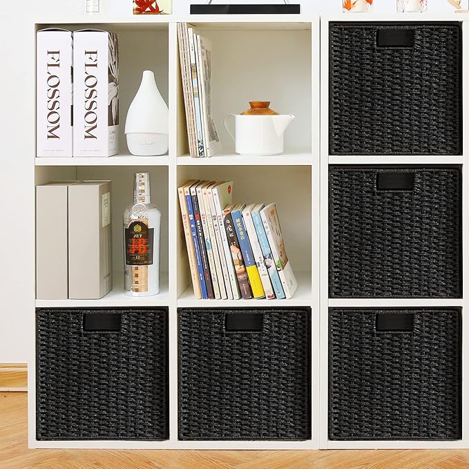 Wicker Baskets for Storage, Set of 4 Hand-Woven Storage Baskets for Shelves, Foldable Cube Storage Baskets Bins with Handles, Small Wicker Baskets for Organizing Pantry Bedroom, Black - Image 9