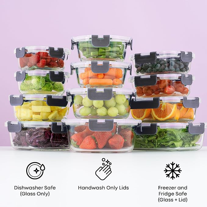 JoyJolt 24pc Borosilicate Glass Storage Containers with Lids | 12 Airtight/Freezer Safe Food Storage Containers for Pantry and Kitchen | Meal Prep Container for Lunch | Glass Tupperware Set - Image 6