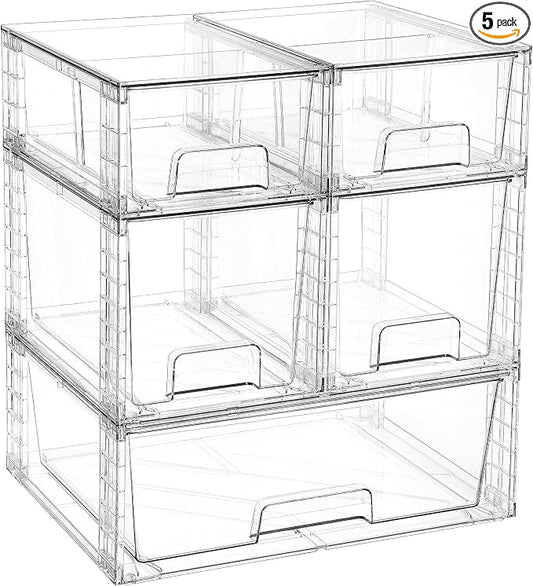 Vtopmart Clear Stackable Storage Drawers, 5 Pack Multi-Size Organizer Set | Wide, Medium and Small Pull-Out PET Drawers with Stackable Design for Cabinets, Closets, Pantry and Bathroom Organization by Vtopmart