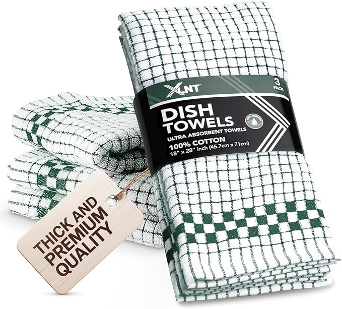 XLNT Highly Absorbent Kitchen Dish Towels 100% Cotton 18x28 inch – Ultra-Thick Dishcloths – Premium Weave for Drying & Cleaning – Soft, Durable & Lint-Free – Pack of 3 Green by XLNT