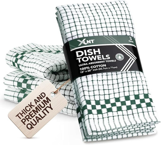 XLNT Highly Absorbent Kitchen Dish Towels 100% Cotton 18x28 inch – Ultra-Thick Dishcloths – Premium Weave for Drying & Cleaning – Soft, Durable & Lint-Free – Pack of 3 Green by XLNT