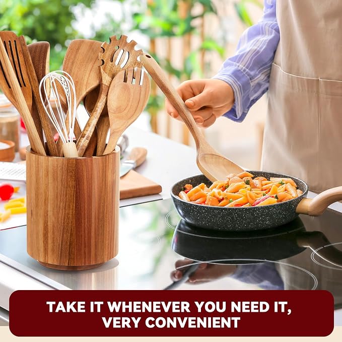 SiliFine 11 Pcs Wooden Kitchen Utensils Set with 360° Straight Rotating Holder Acacia Wood Cooking Utensils with Cooking Spoons Spatulas Nonstick Cookware Countertop Kitchen Decorations(Natural) - Image 6