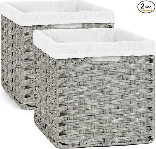 Bidtakay Wicker Cube Baskets with Liners Cube Storage Organizer for Shelves Closet 11 inch 2 Pack Decorative Hand-Woven Imitation Wicker Storage Bins for Organizing Pantry Bedroom Light Grey by BidtakayBaskets