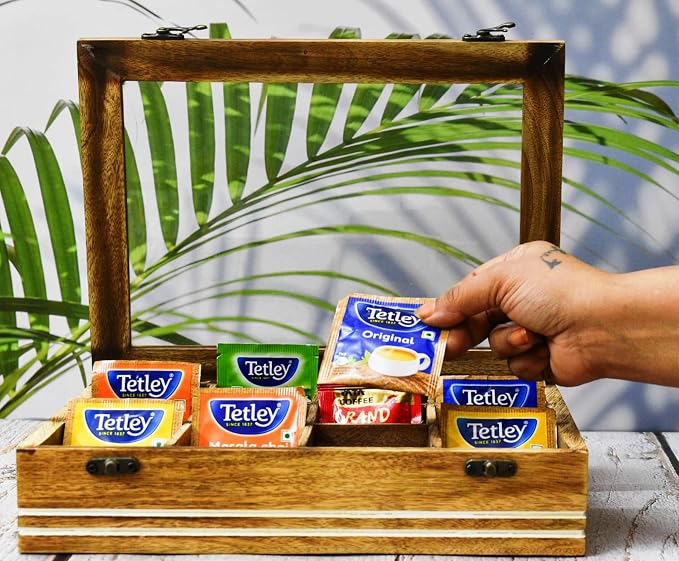 Wooden Tea Box - For Tea Bags Organiser - Engraved Hardwood Tea Chest with12 Compartments - Tea Storage Box Multi Functional - Wood Tea Box Organiser - 12 x 9 x 3 Inch (12 compartment box) by IndiaHouse