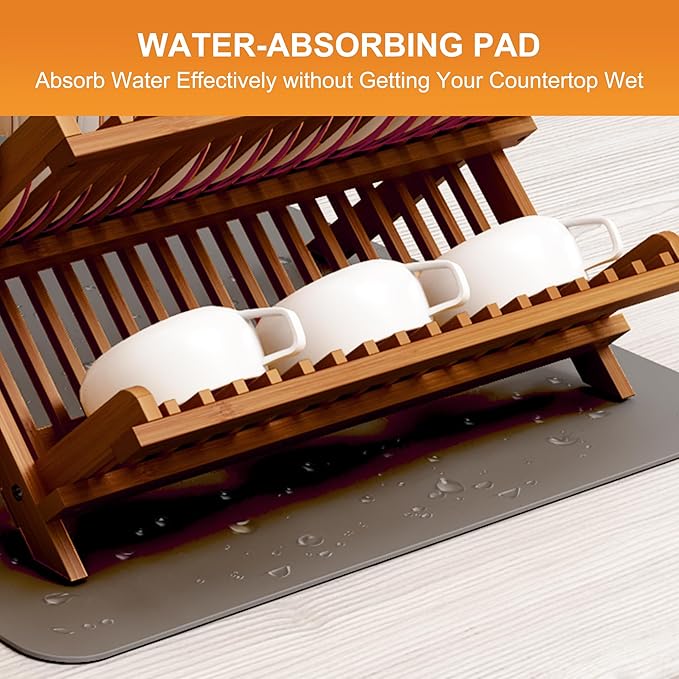 Greenual Teak Dish Drying Rack with Utensil Holder, 3 Tier Collapsible Dish Rack, Wooden Dish Racks for Kitchen Counter, Large Folding Drying Holder with Absorbent Dish Drying Mat - Image 6