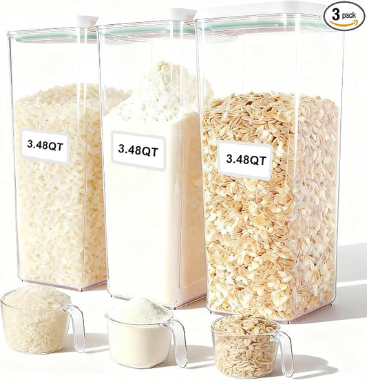Pop Containers with Lids Stackable Food Storage Canisters 3pc | with 3pc Measure Scoop Airtight Kitchen Pantry Organizers for Snack Candy Salt Herb Spices Pasta Cereal Flour Sugar 3.48qt *3 by CozeyDaily