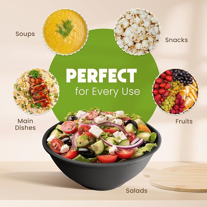Bamboo Eco Salad Bowl Set - Set of 3 Salad Bowls Large with Seal Lid & Serving Utensils - Bamboo Fiber Bowl Set Perfect for Mixing, Serving, and Storage - Midnight Black - Image 4