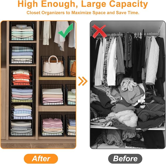 Hongtamoya 4-Tier Stackable Closet Organizers and Storage Shelves, Clothes Storage Basket, Clothes Shelf Organizer Sweater Organizer Bins Container for Wardrobe Kitchen Bathroom Office, Black - Image 4