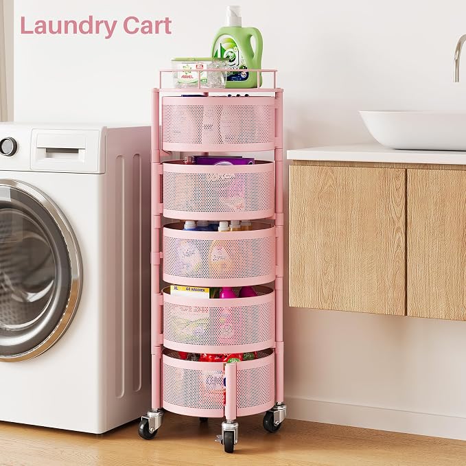 SNTD Fruit and Vegetable Basket Bowls for Kitchen with Metal Top Lid, 5 Tier Rotating Storage Rack Cart for Potato Onion Bread Banana, Wire Basket Organizer on Wheels, Large, Pink - Image 7