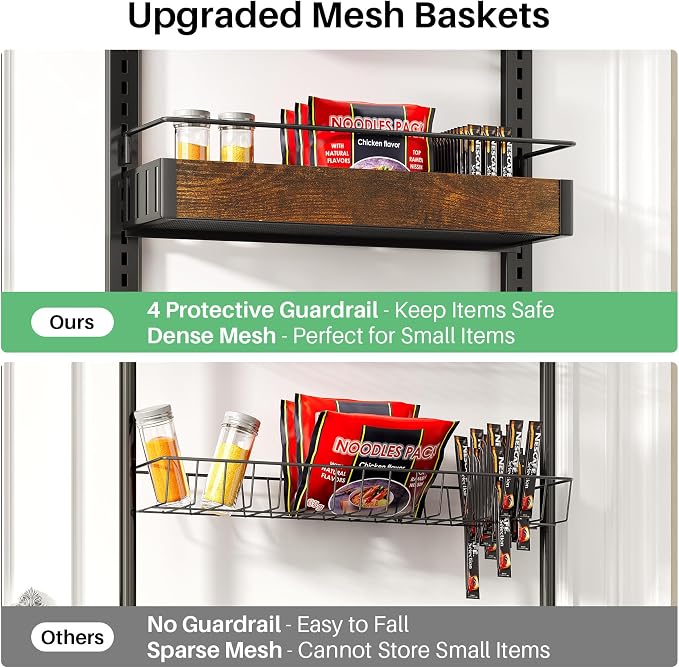 SNTD 8 Tiers Wooden Over Door Organizer, 17" W x 6" D x 69" H, Rustic Brown | Pantry Door Organizers and Storage, Height Adjustable Spice Rack, Dense Mesh Baskets, Anti-Swing, Adjustable Door Fastener - Image 5