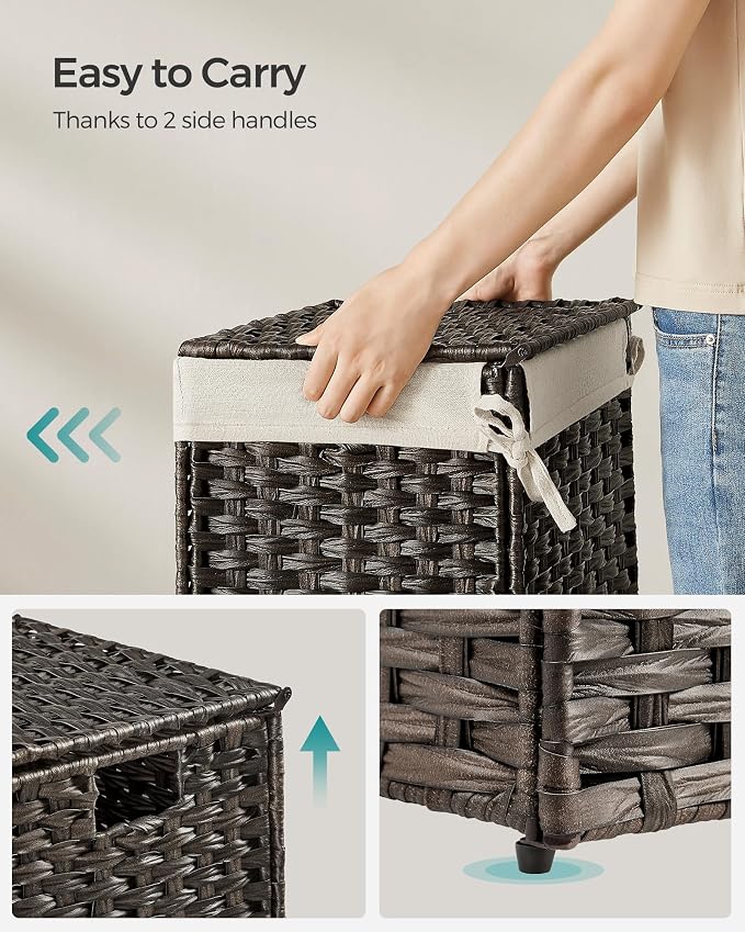 SONGMICS Storage Basket with Lid, Woven Blanket Storage Bin with Handles, Foldable, Removable Liner, Metal Frame, for Bedroom, Laundry Room, 9.2 Gallons (35 L), Brown URST040K01 - Image 5