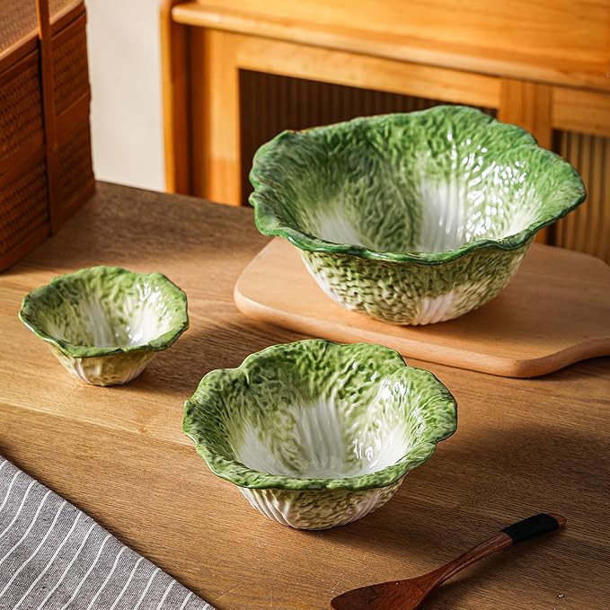 KXZ Green Cabbage Serving Bowl Set of 3 for Kitchen - Extra Large 60oz, 16oz, 5oz Nesting Mixing Bowls, Porcelain Dishes for Salad, Entertaining, Fruit, Vintage, Decorative, Ceramic Pho Soup Tureen - Image 2