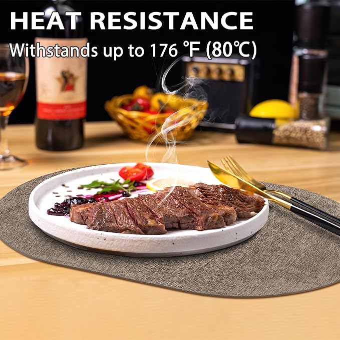 Placemats Set of 8 - Washable Heat Resistant Table Placemats - Wipeable Faux Leather Oval Place Mats, Waterproof Table Mats for Dining Table, Dark Brown - Image 2