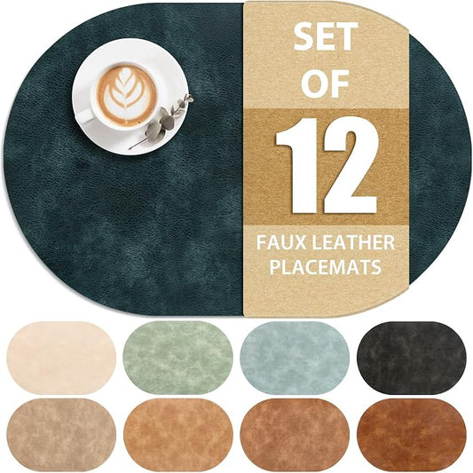 ADRIMER Placemats, Heat Resistant Oval Placemats Set of 12 Washable 12 x 17 Inch, Waterproof Table Mats, Wipeable Pu Place Mats for Kitchen, Dining Room, Dark Blue by Adrimersdreamistobeanindispensablecompanioninyourlife