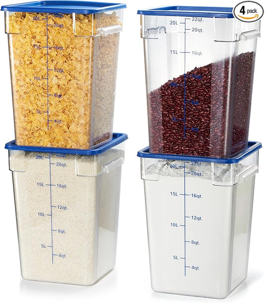 4 Pack Food Storage Containers with Blue Lids - NSF Listed Commercial Grade in 22.0 Qt - Square, Clear, Polycarbonate by CURTA