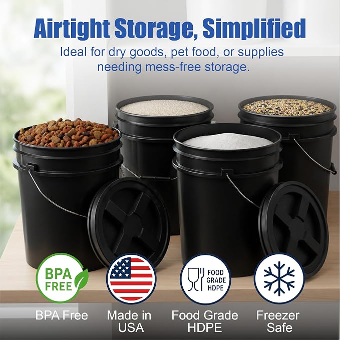 5 Gallon Bucket - Food Grade w/Lid BPA-Free, Black/Black, 1 | Airtight Gamma Seal Screw-On Lid, Heavy-Duty 90 Mil HDPE Plastic, Food Safe and Durable Container, Bulk Storage, Made in USA - Image 2