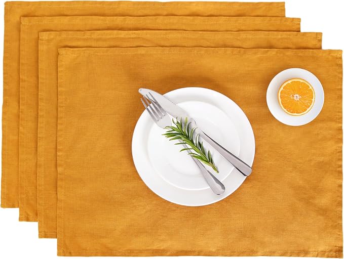 Linen Placemats 14x19Inch Set of 4,100% Linen Placemats Natural Rustic Tablemats for Easter,Mother's Day,Summer,Handcrafted from European Flax(Yellow) by LLinenWorld