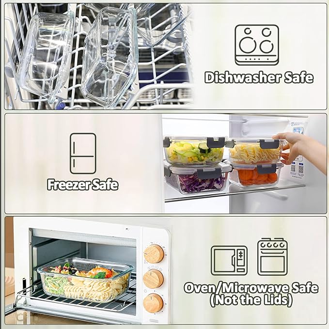 M MCIRCO 10 Pack,22 oz Glass Food Storage Containers with lids, Gray | Glass Meal Prep Containers,Airtight Lunch Containers with Lids, Microwave, Oven, Freezer and Dishwasher Friendly, BPA Free - Image 4