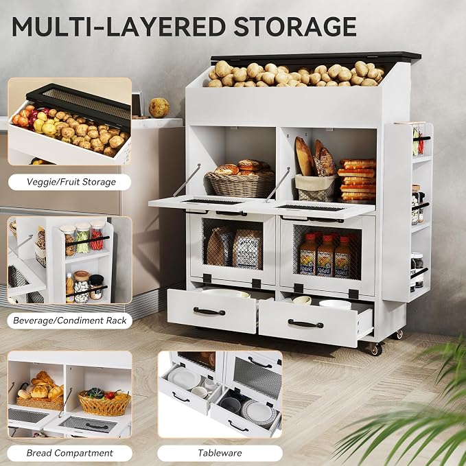 Verano Garden 31.5" Large Potato and Onion Storage Bin on Wheels, Bread Box | Fruit and Vegetable Organizer, Rolling, Side Rack, Flip-top, Mesh Doors, 4-Tier, Grocery Section, Ventilated, Wood, Kitchen - Image 3