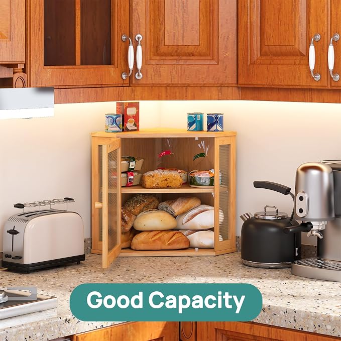 viewcare Corner Bread Box for Kitchen Counter, Bamboo Wood Large Capacity Bread Storage Bin with Acrylic Wavy Door Panel (Natural, Meduim) - Image 4