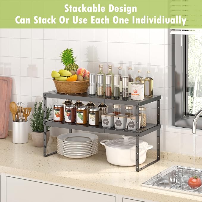 RUILALIFE Expandable Cabinet Organizer Shelf With Adjustable Height, Stackable Kitchen Countertop Organizer Rack, Adjustable Shelf Riser For Kitchen Counter, Pantry, Cupboard, Desk, Tabletop - Image 6