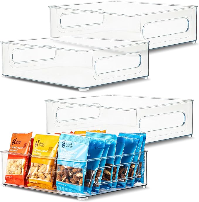 Plastic Food Storage 4 Pack Clear Container Bin with Handles for Organizing Kitchen, Pantry, Refrigerator, Freezer, Pantry, Cabinet, Closet, Bathroom. Stackable 10”x8”x3” by primebox
