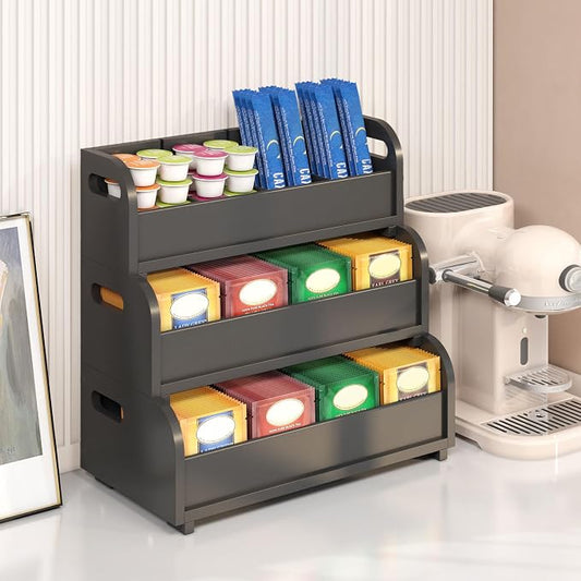 3-Tier Bamboo Tea Bag Organizer, Stackable Tea Holder for Countertop, Black | Tea Box Shelf with Removable Dividers, Wall Mount Large Capacity Tea Organizers and Storage for Pantry Kitchen Office Bar by Wisuce