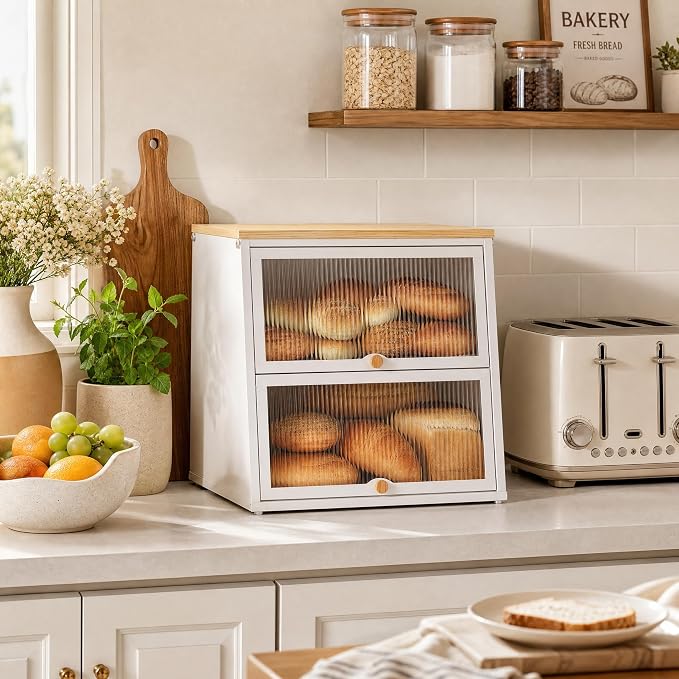 Urackify Bread Box for Kitchen Countertop – 2-Tier Bread Storage Container, Metal Breadbox with Acrylic Wavy Door, Wood Top, Magnetic Seal, Anti-Slip Base, 14.96x9.84x13.78 inch, White - Image 7