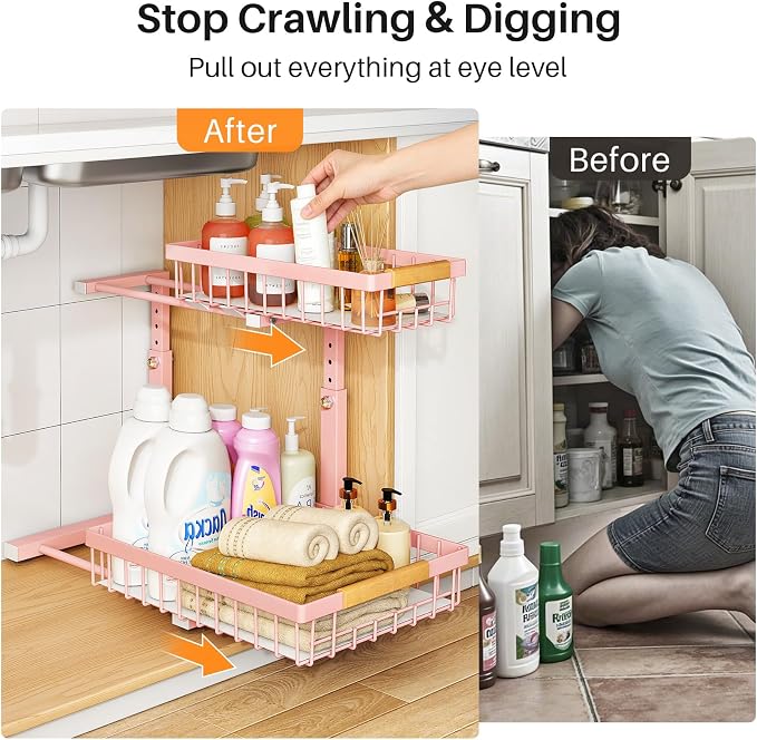 PXRACK Under Sink Organizer, Adjustable Height, 2 Tier Pull Out Under Cabinet Organizer, Slide Out Thickened Metal Under Sink Storage for Kitchen Bathroom Laundry Pantry Cabinet, Pink, Large-2-Pack - Image 3