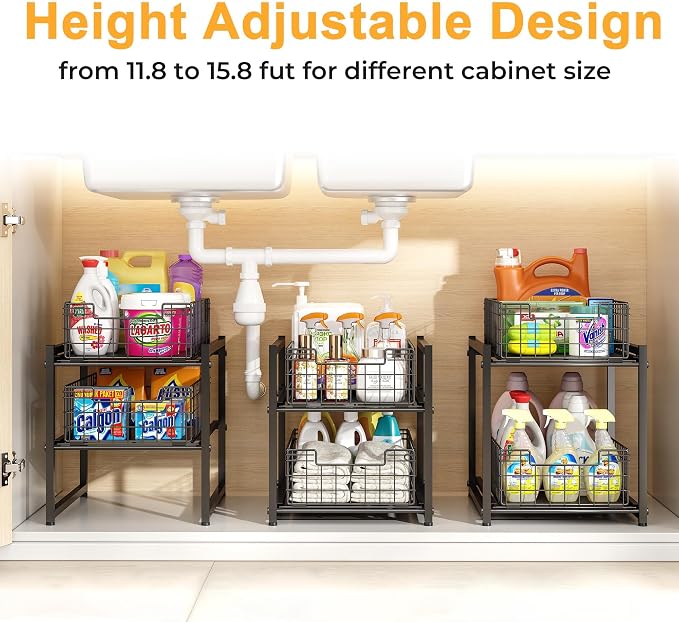 Under Sink Organizer, 2-Tier Pull Out Cabinet Organizer, Kitchen Bathroom Organizer and Storage, Spice Rack for Kitchen, Multi-use Sliding Drawers Shelves (1, Black) - Image 4