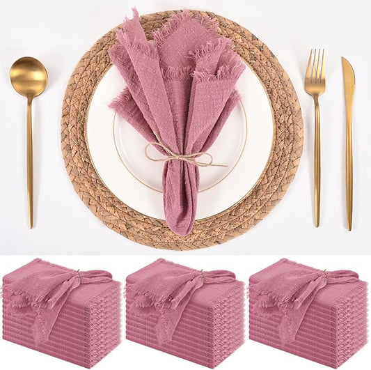 36 Pack Dusty Rose Cloth Napkins, 12 x 12 Inch Cotton with Fringe Settings | Handmade washable reusable cotton dinner napkins in bulk for weddings, parties, rustic boho table settings by FXKS